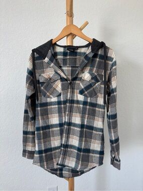 Women’s Hooded Plaid Flannel Shirt - Gray & Teal